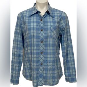 LL BEAN BLUE PLAID COTTON BUTTON DOWN LONG SLEEVE COLLARED TOP